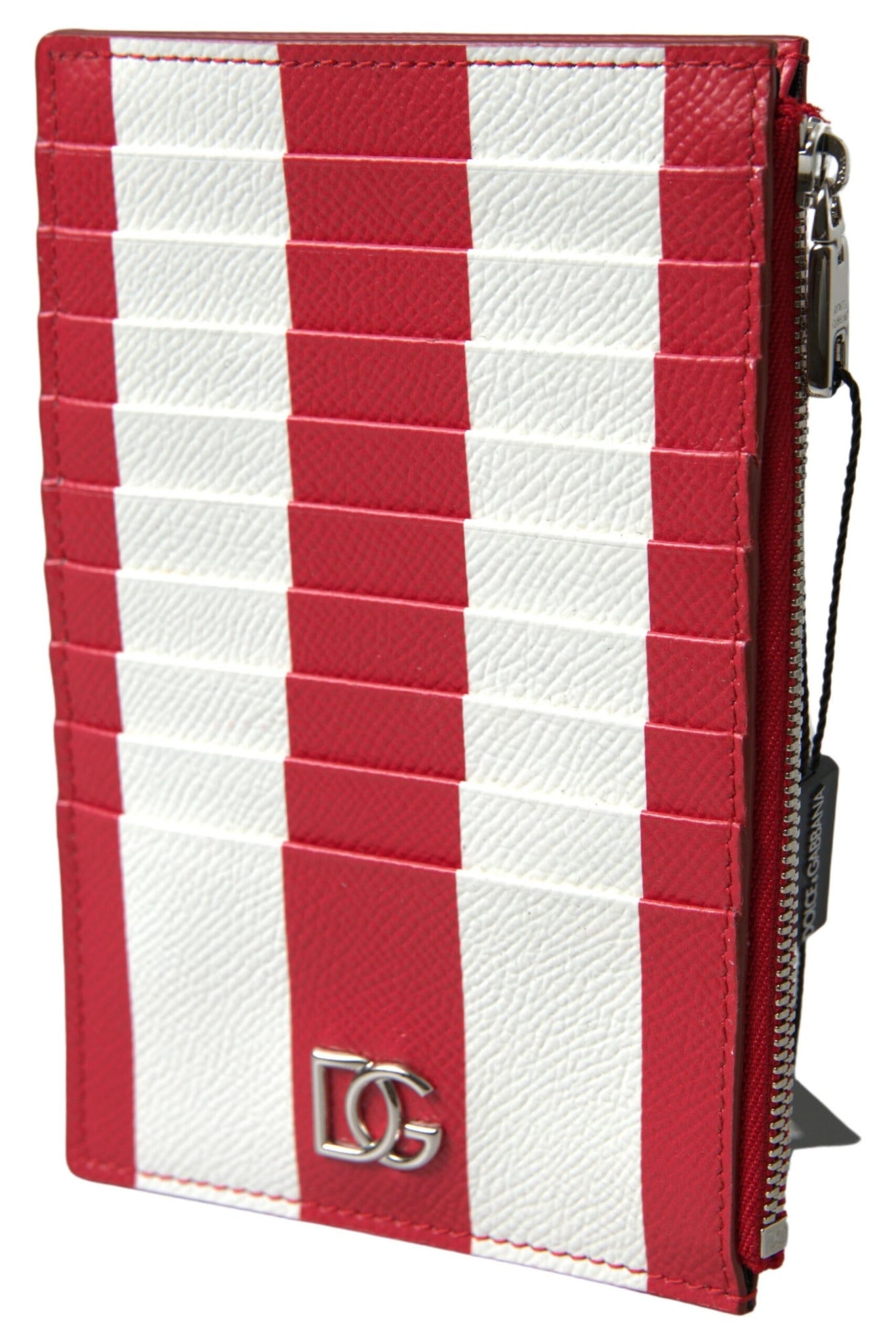 Dolce & Gabbana Red White Leather DG Logo Zip Card Holder Wallet