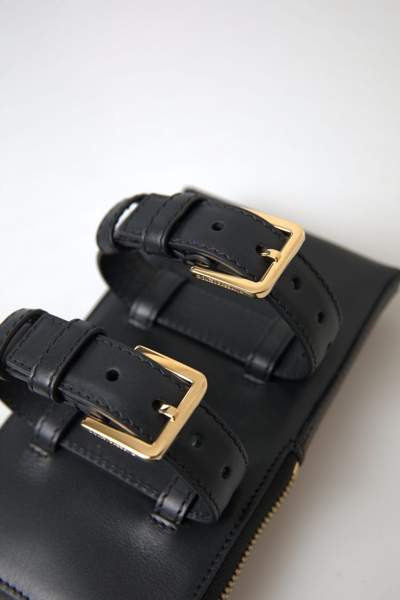 Dolce & Gabbana Black Leather Men Purse Double Belt Strap Bracelet Bag