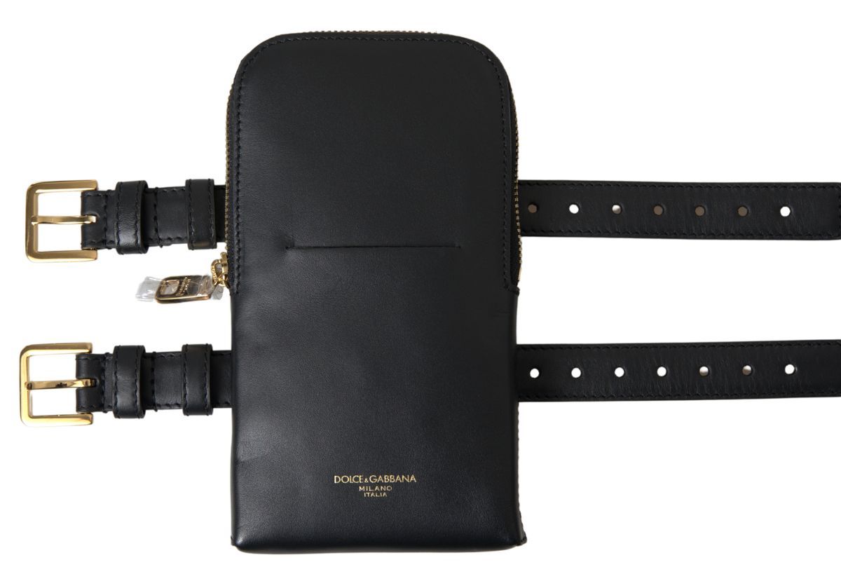 Dolce & Gabbana Black Leather Men Purse Double Belt Strap Bracelet Bag