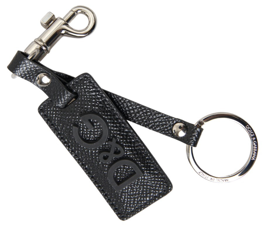 Dolce & Gabbana Black DG Logo Leather Silver Metal Keychain