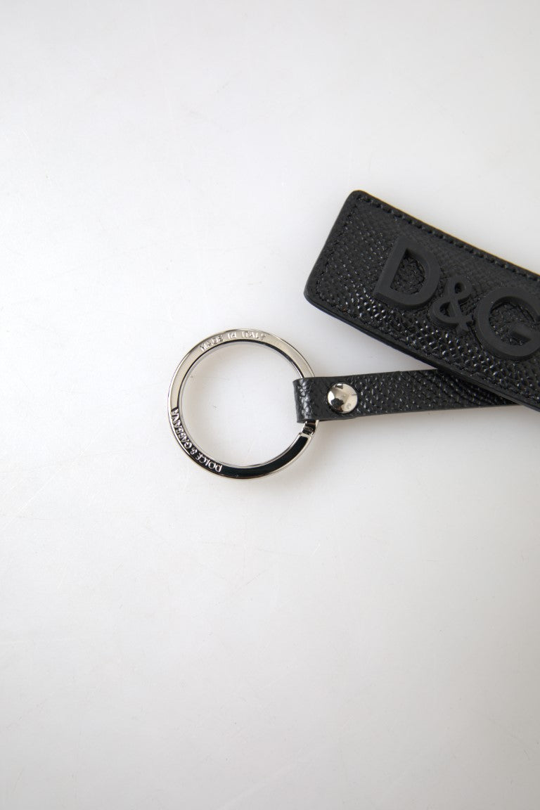 Dolce & Gabbana Black DG Logo Leather Silver Metal Keychain