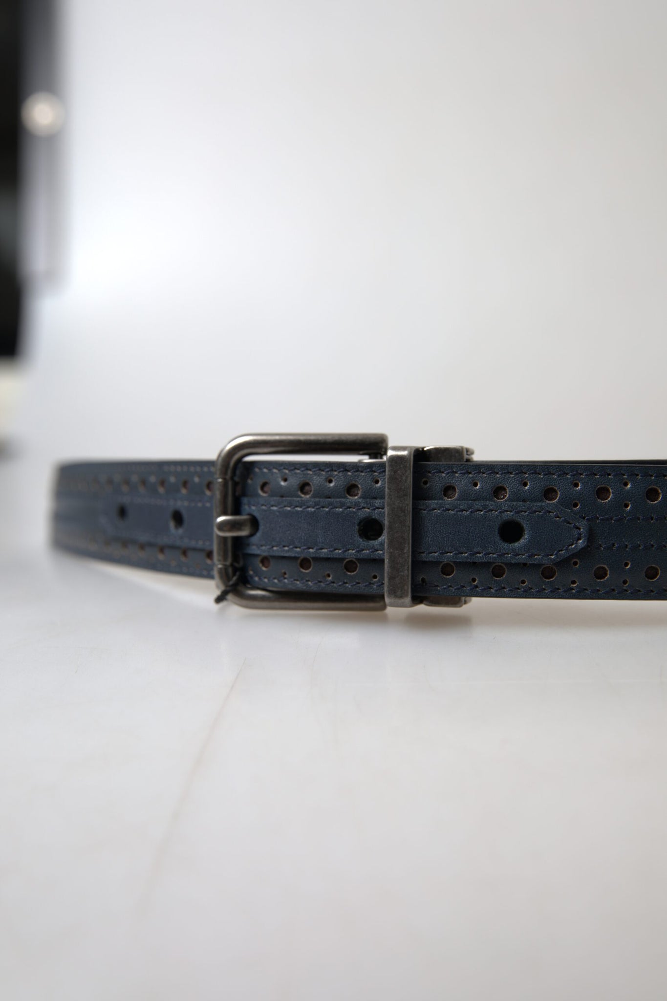 Dolce & Gabbana Blue Leather Perforated Metal Buckle Belt