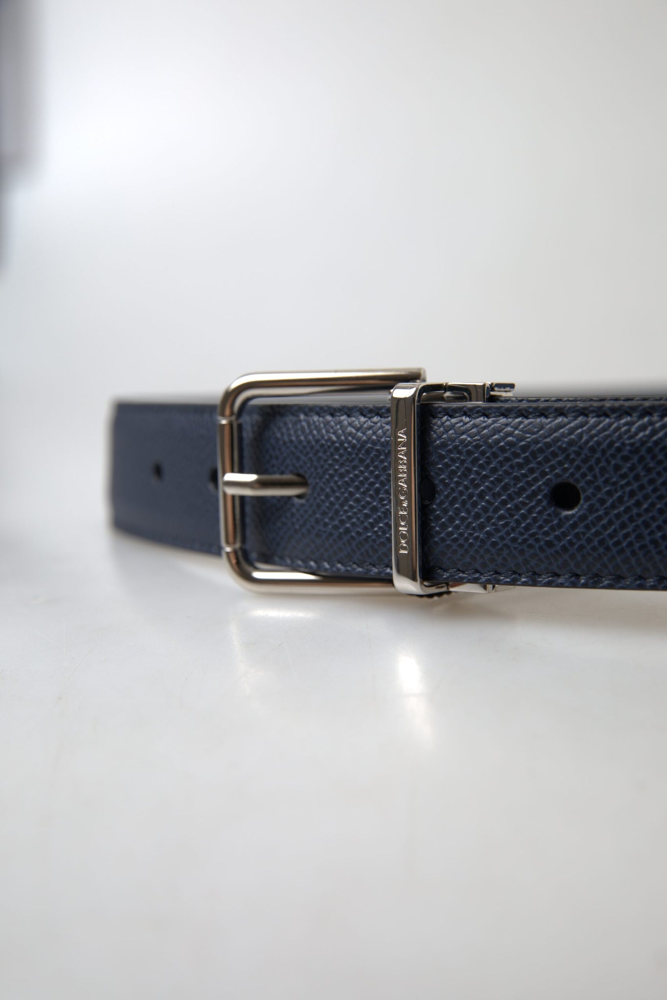 Dolce & Gabbana Blue Leather Silver Metal Buckle Belt