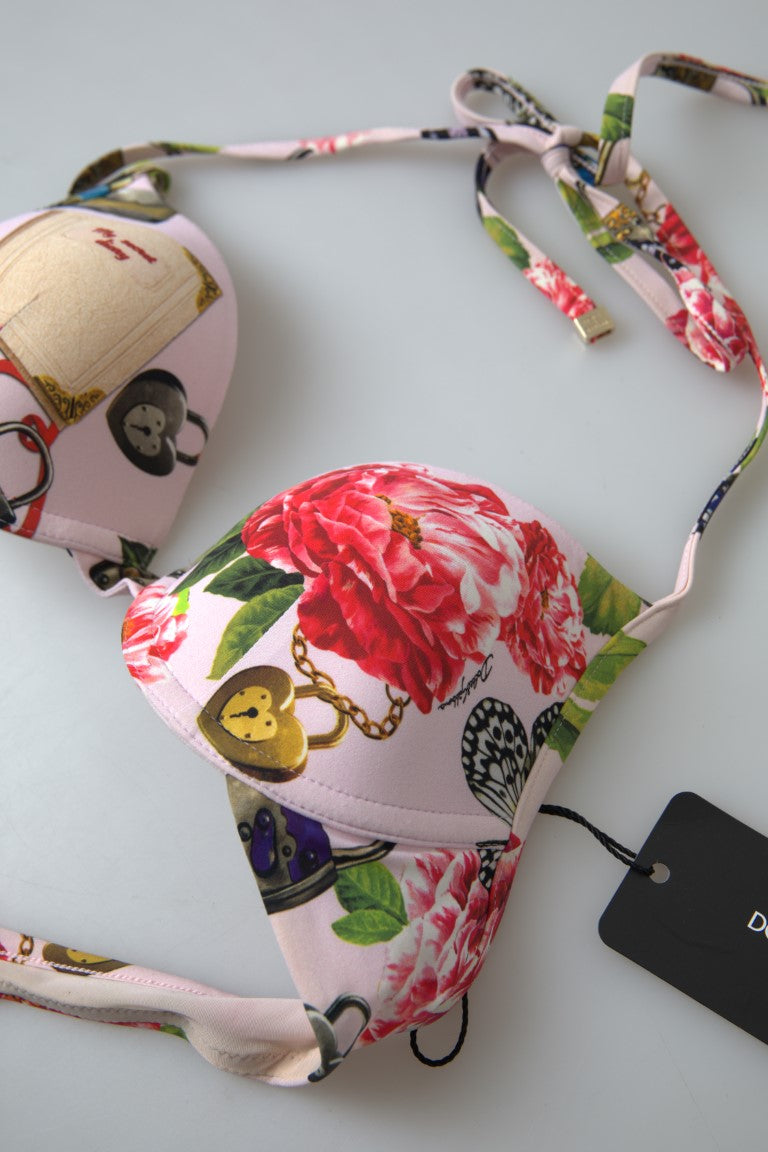 Dolce & Gabbana Pink Floral Halter Beachwear Swimwear Bikini Top