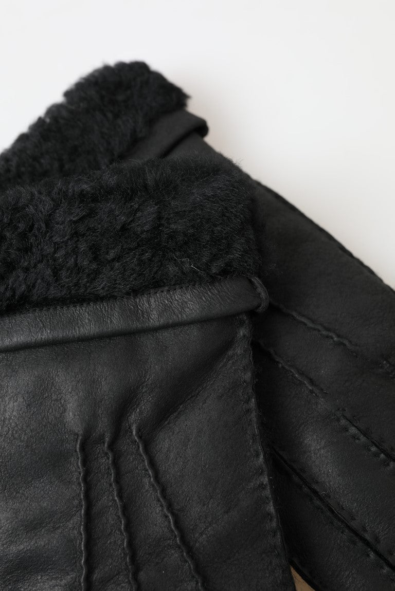 Dolce & Gabbana Black Leather Fur Short Hands Mitten Men Gloves