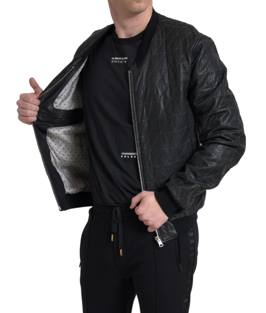 Dolce & Gabbana Black Leather Full Zip Bomber Coat Jacket
