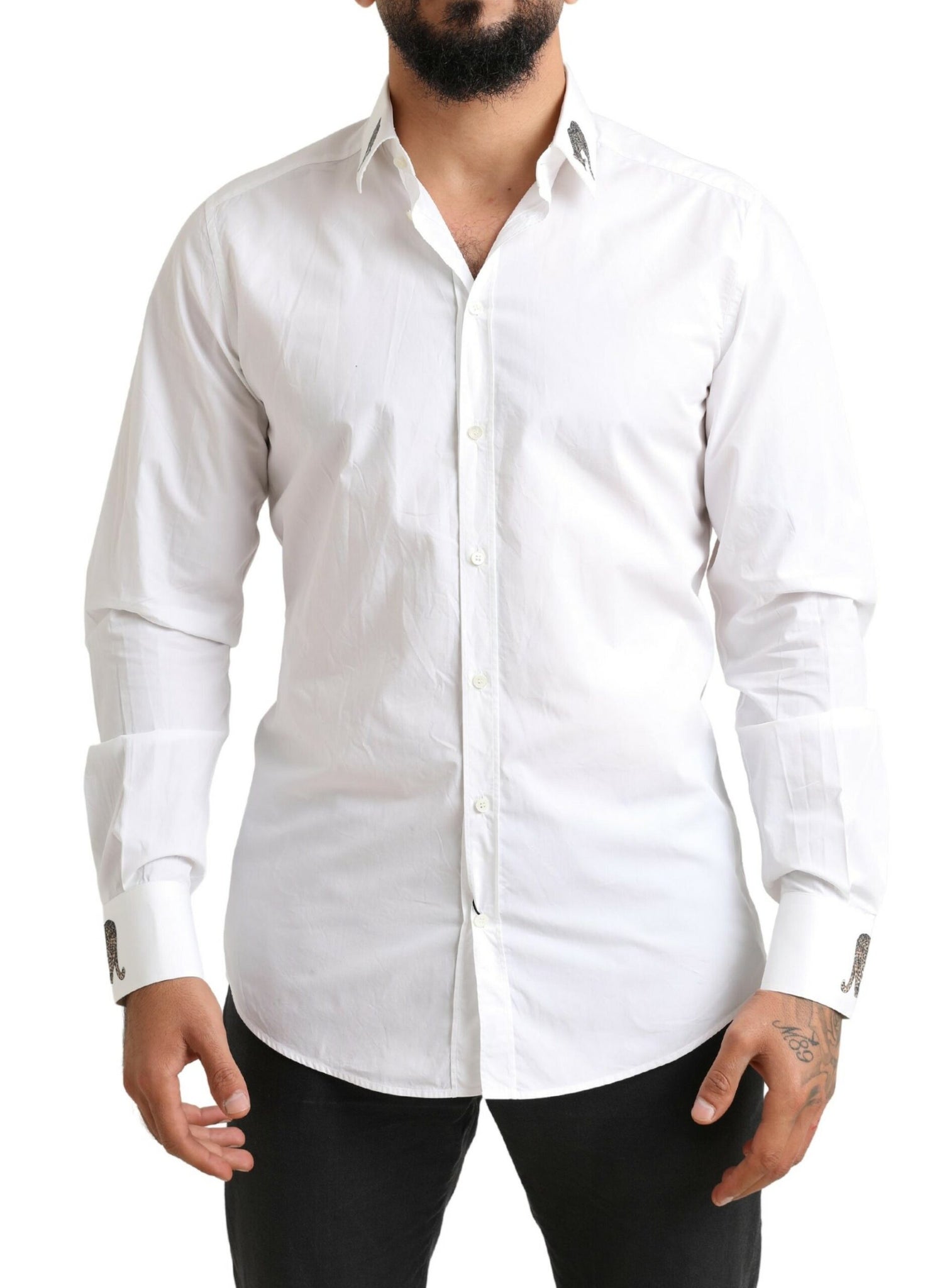 Dolce & Gabbana White GOLD Formal Leopard Cotton Dress Shirt