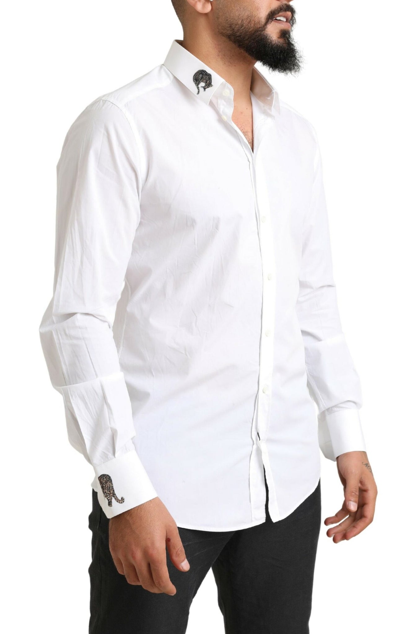 Dolce & Gabbana White GOLD Formal Leopard Cotton Dress Shirt