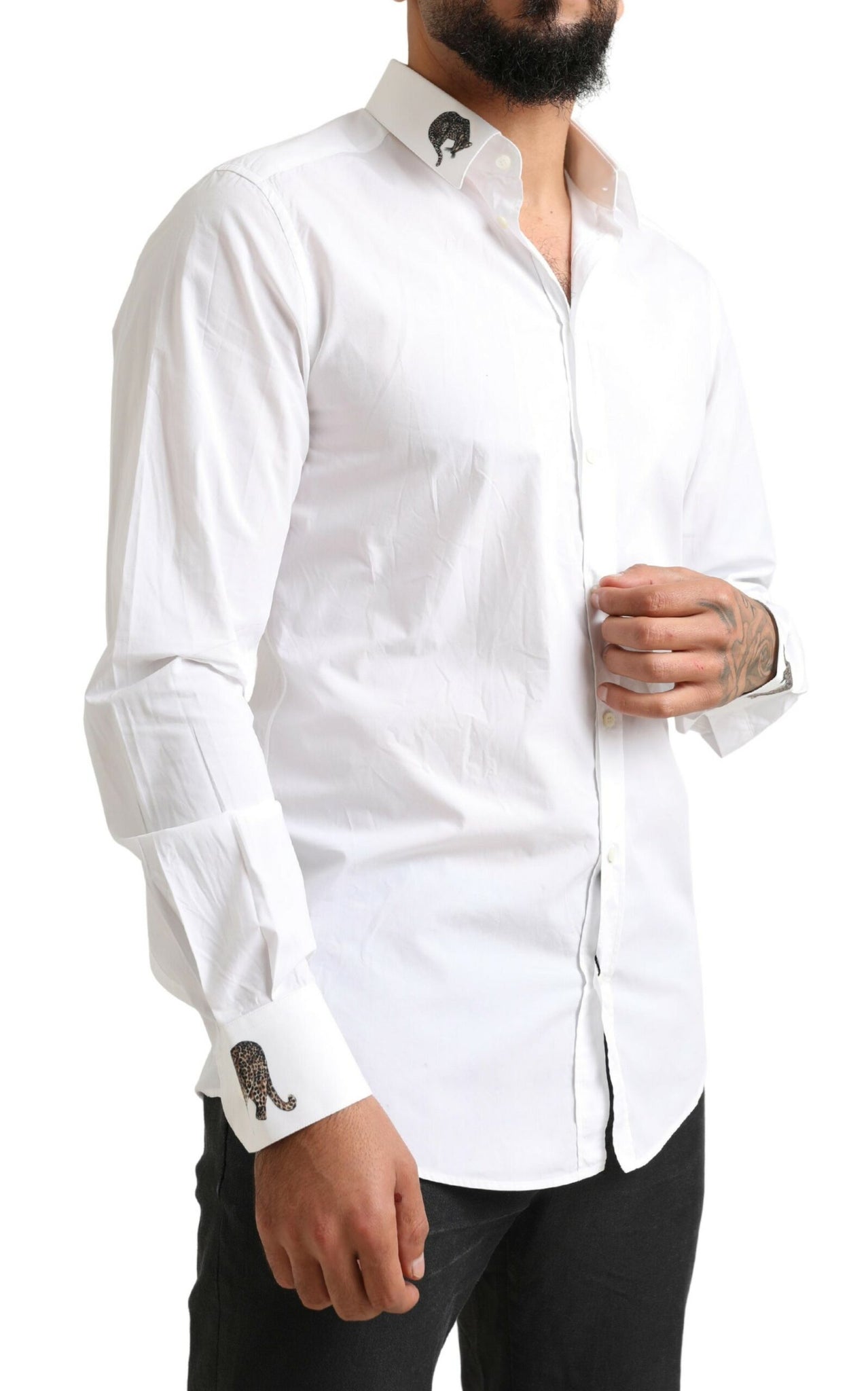 Dolce & Gabbana White GOLD Formal Leopard Cotton Dress Shirt