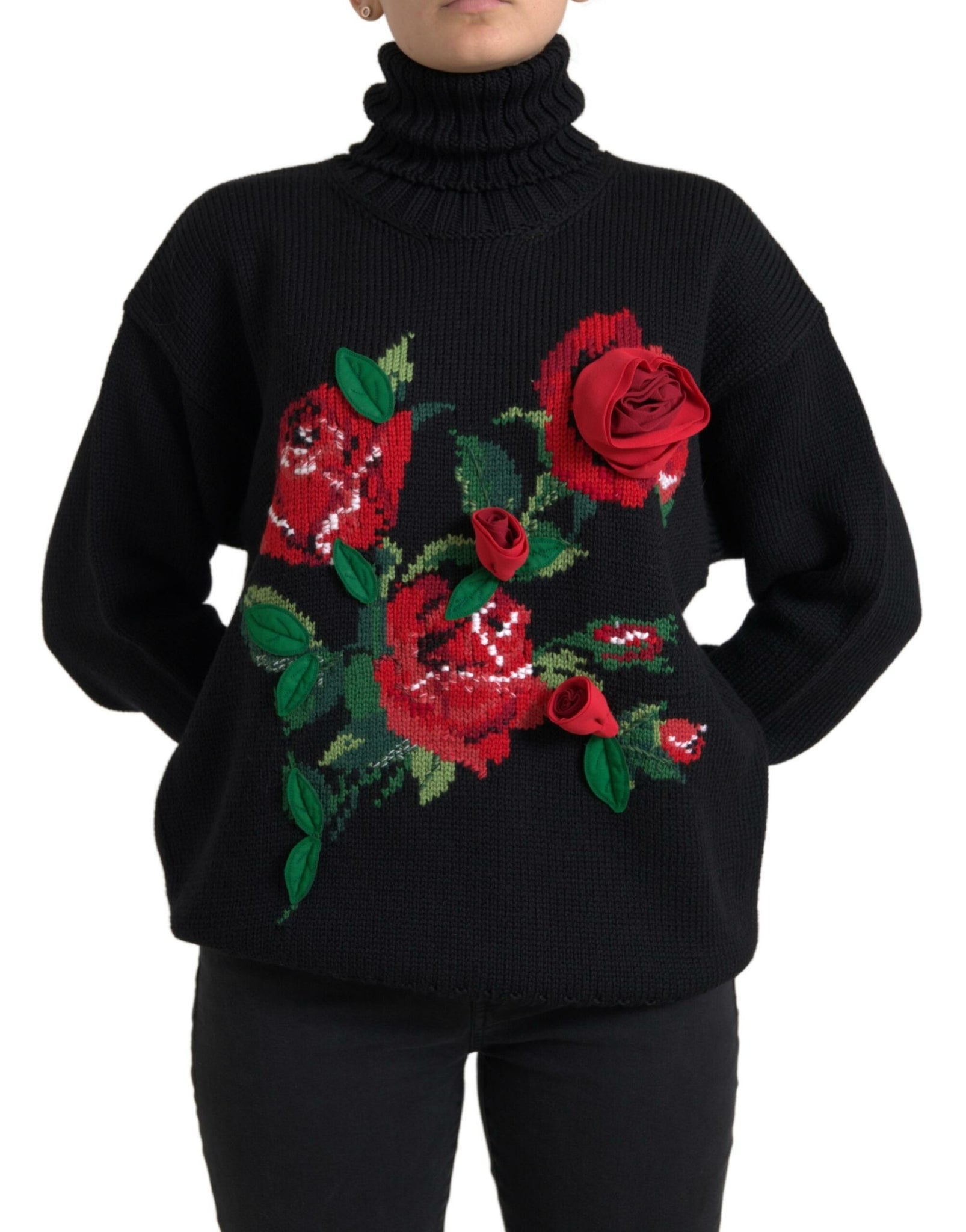 Dolce & Gabbana Black Roses Wool Turtleneck Pullover Sweater