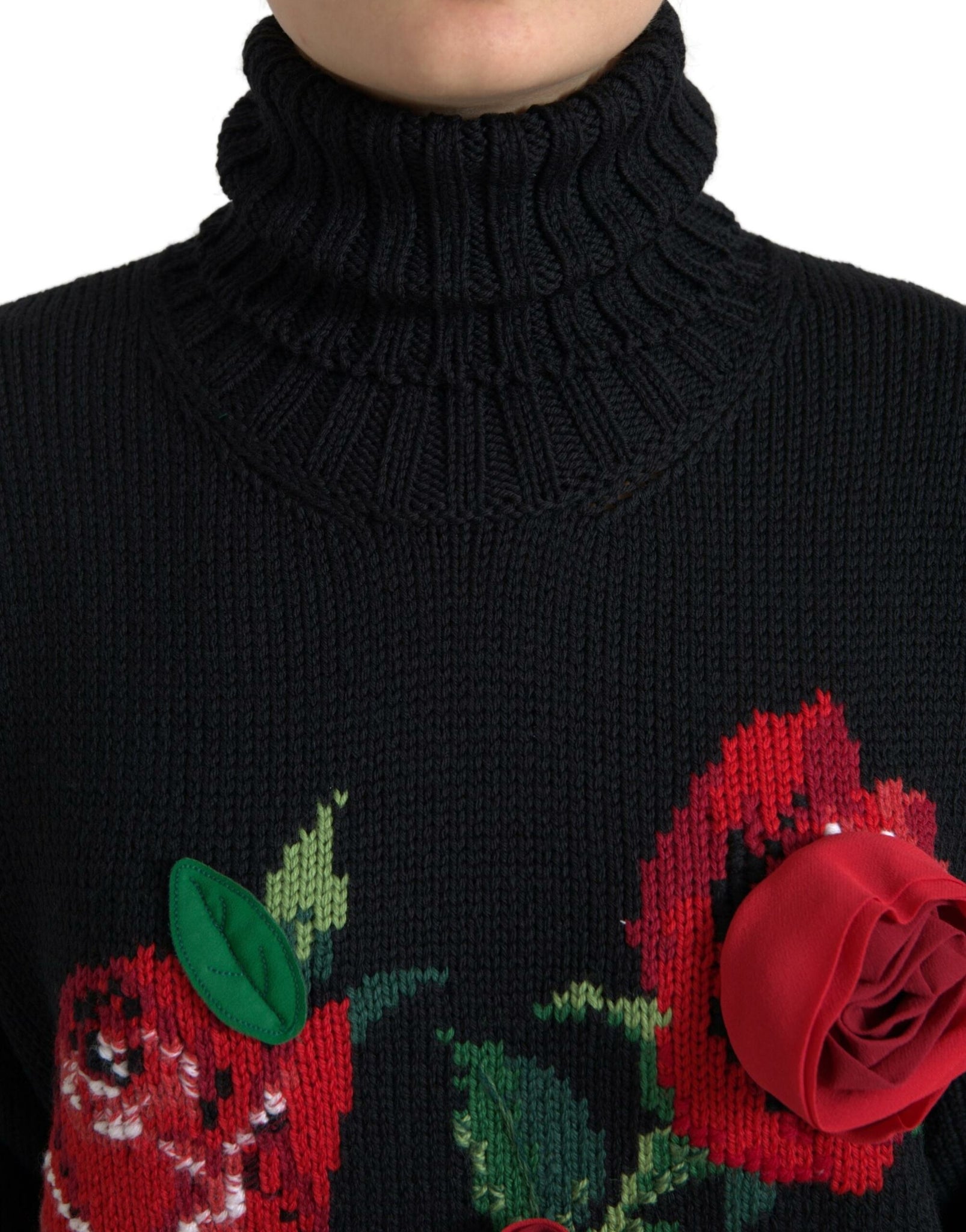 Dolce & Gabbana Black Roses Wool Turtleneck Pullover Sweater