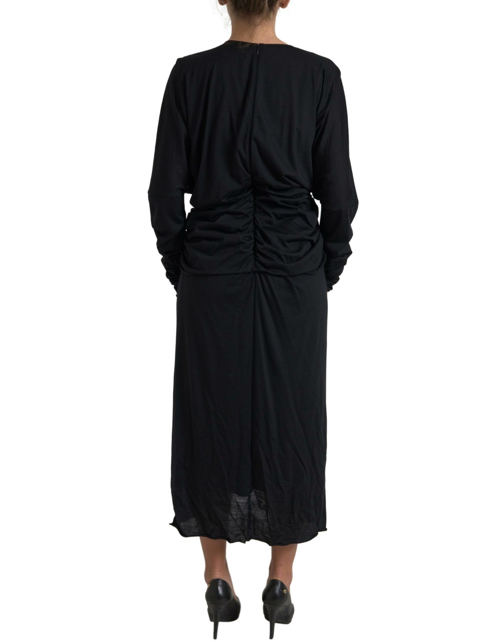 Dolce & Gabbana Black Wool Wrap Sheath Midi Gown Dress