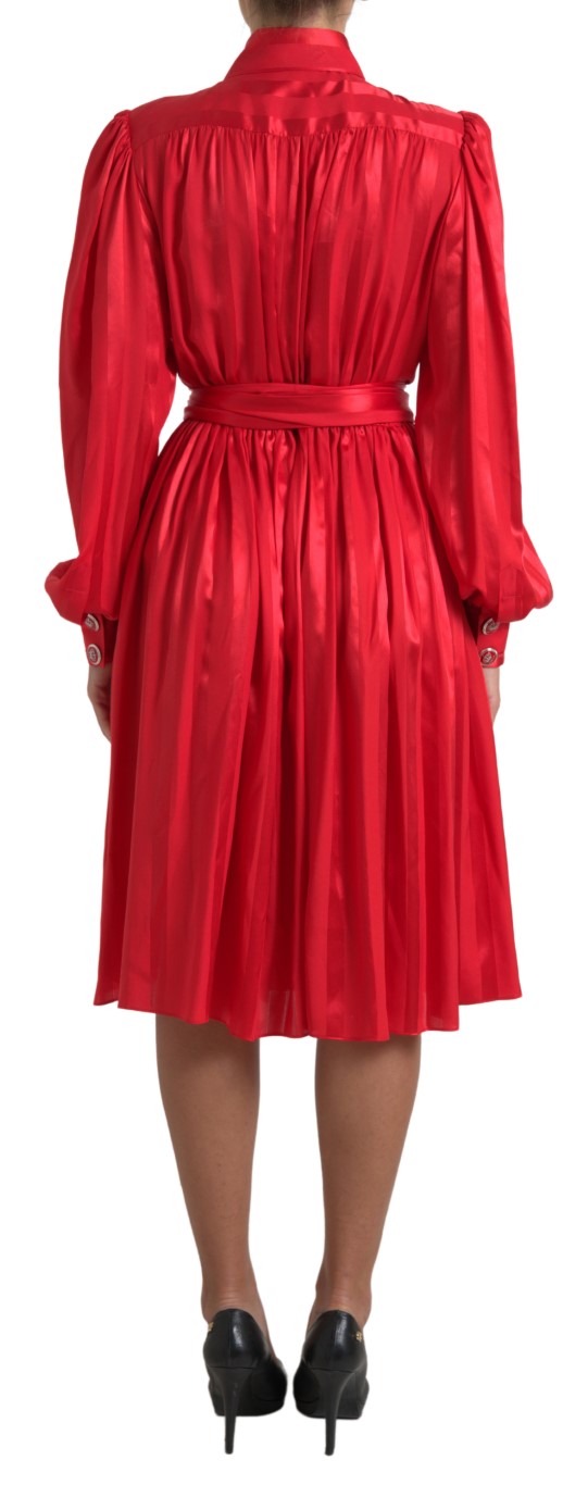 Dolce & Gabbana Red Satin Silk Button Down Belted Midi Dress