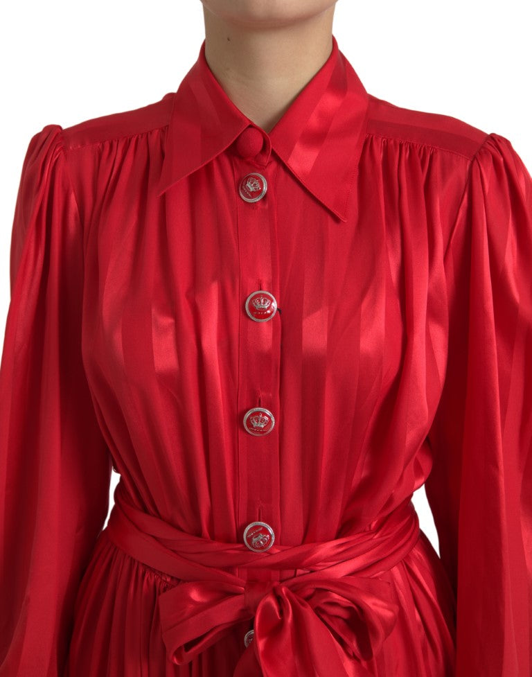 Dolce & Gabbana Red Satin Silk Button Down Belted Midi Dress