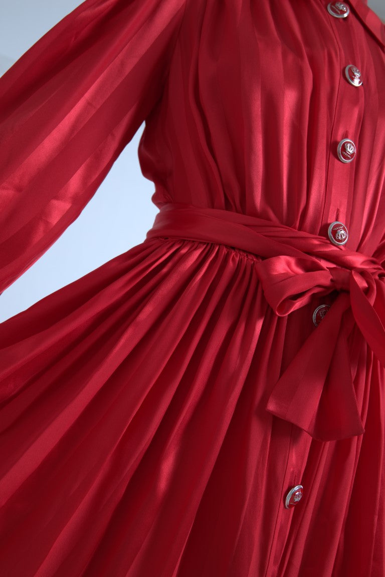 Dolce & Gabbana Red Satin Silk Button Down Belted Midi Dress