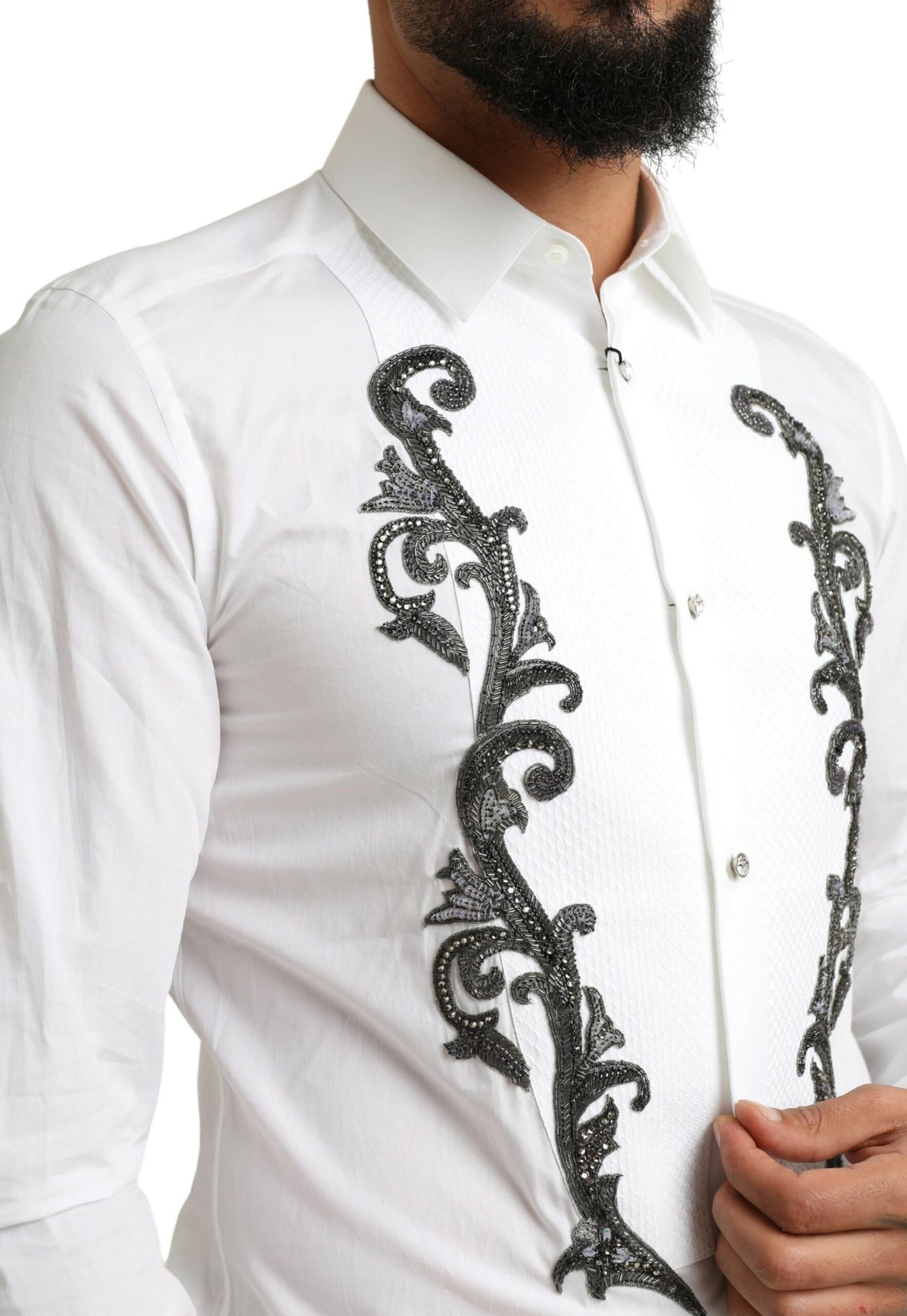 Dolce & Gabbana White Tuxedo Slim Fit Baroque Shirt