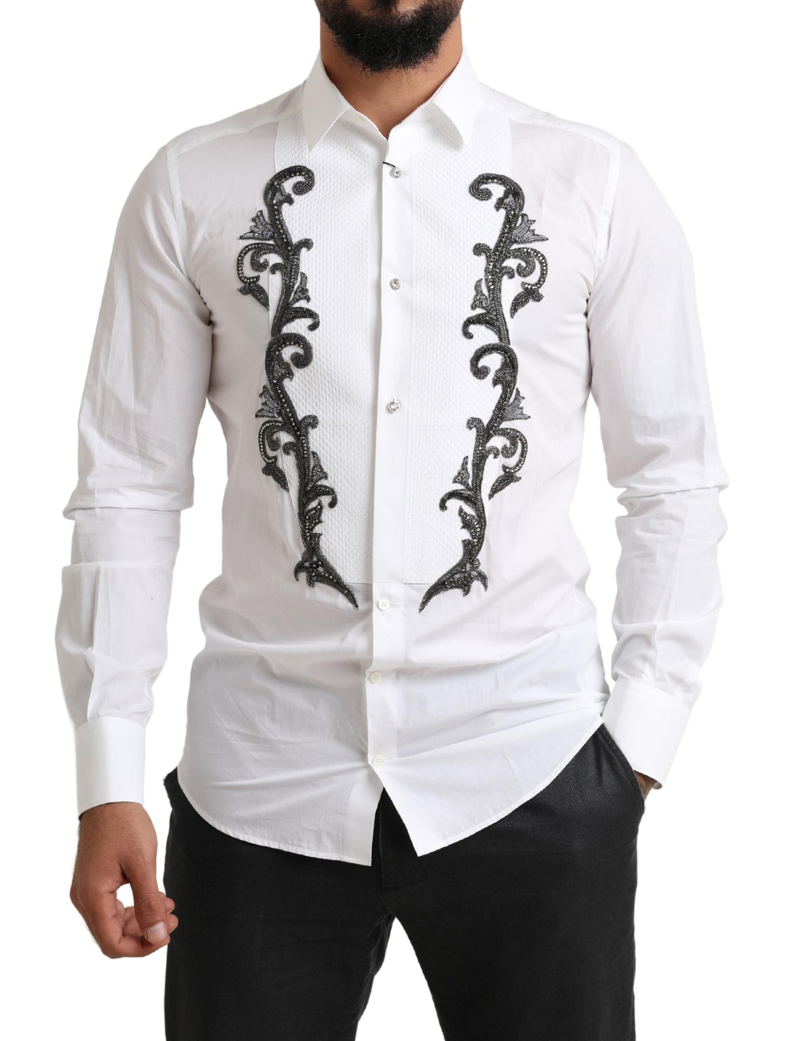 Dolce & Gabbana White Tuxedo Slim Fit Baroque Shirt