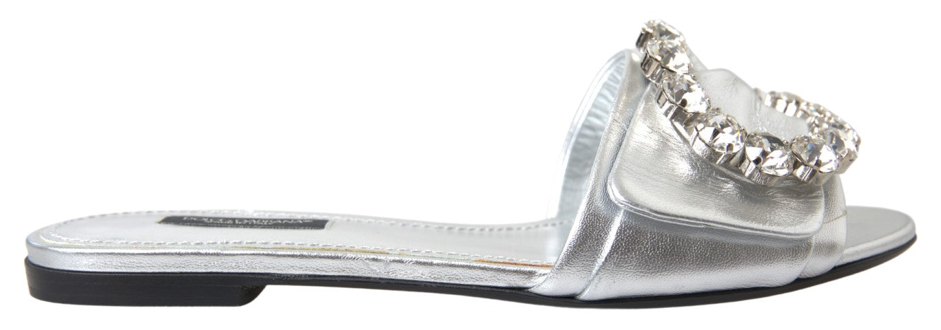 Dolce & Gabbana Silver Crystal Embellished Slides Flat Shoes