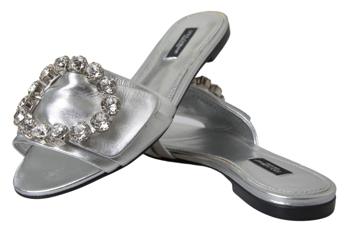 Dolce & Gabbana Silver Crystal Embellished Slides Flat Shoes