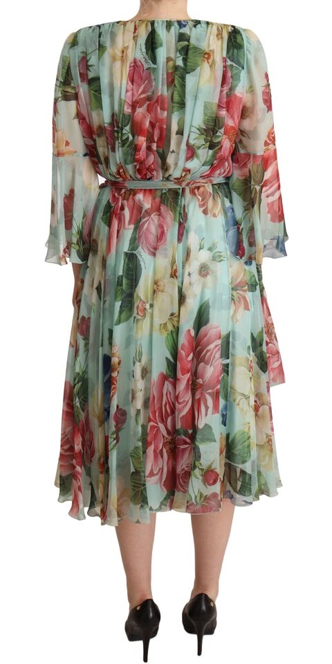 Dolce & Gabbana Multicolor Green Floral Silk Wrap Midi Dress