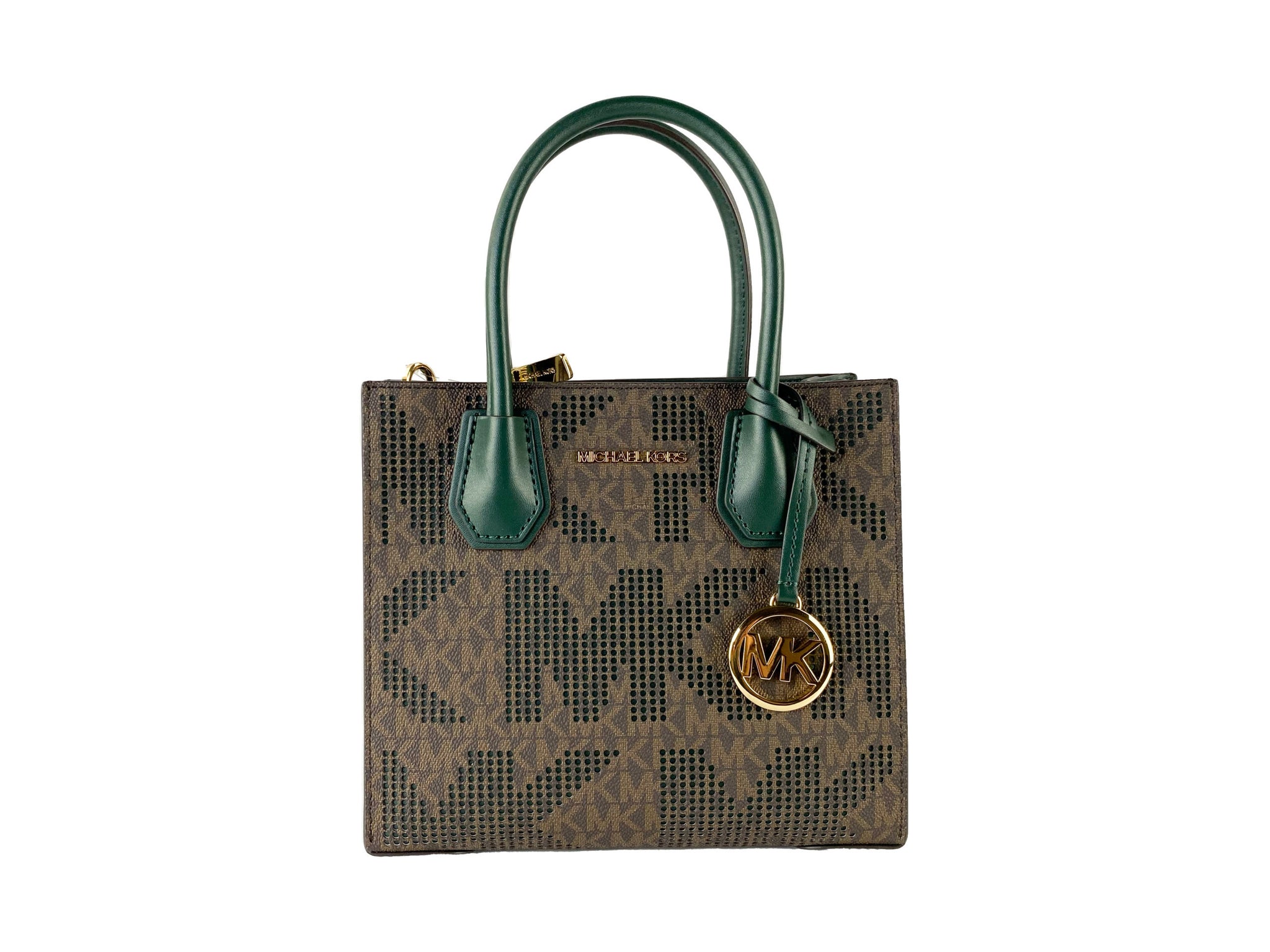 Mercer Medium Perforated Signature Leather Messenger Crossbody Handbag (Racing Green/Brown)