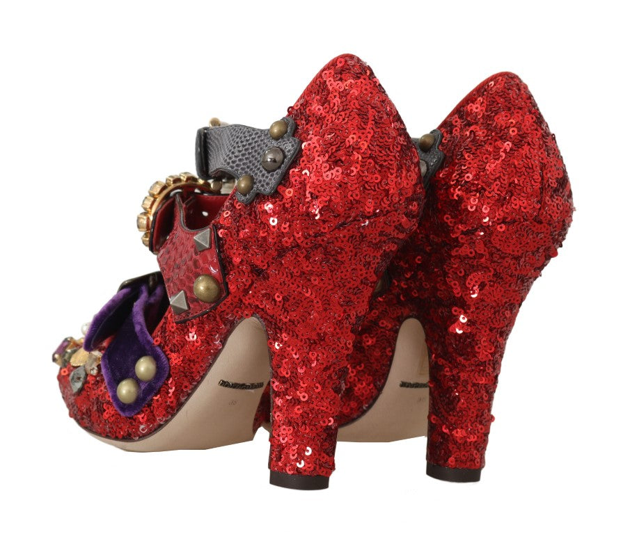 Red Sequined Crystal Studs Heels Shoes