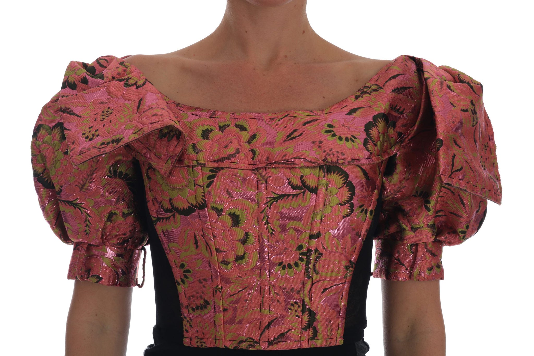 Dolce & Gabbana Pink Puff Sleeve  Brocade Cropped Top