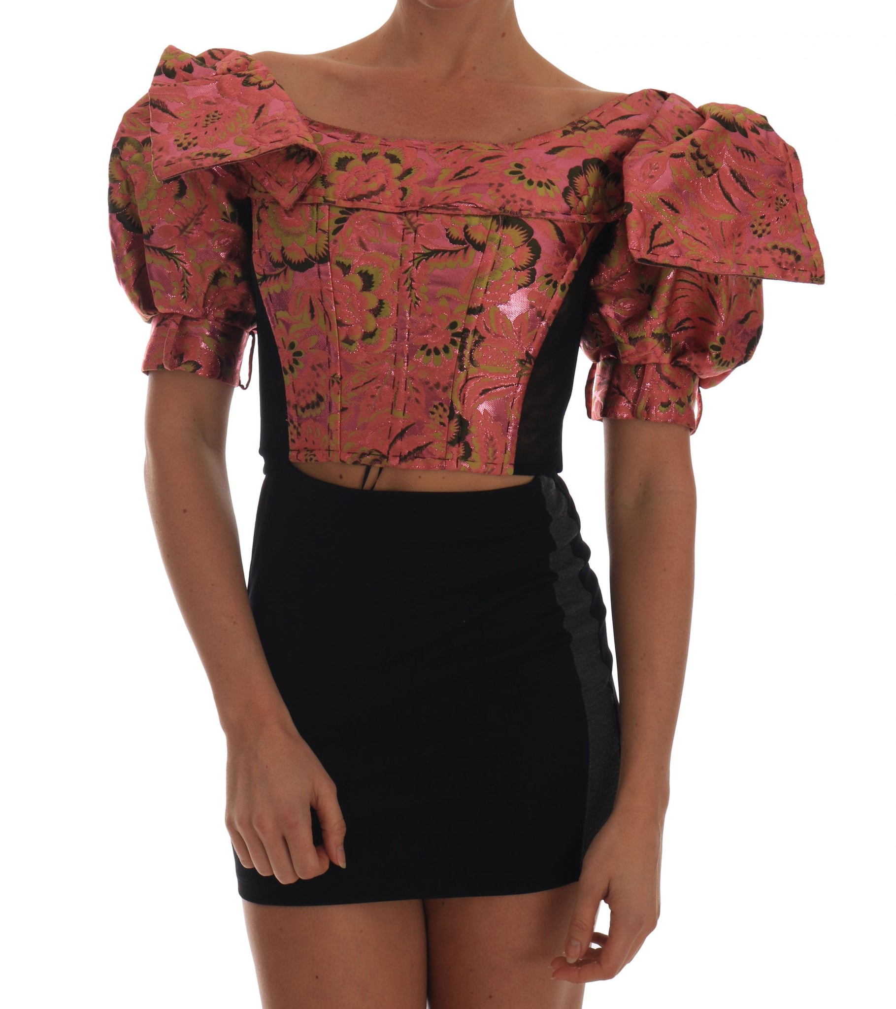 Dolce & Gabbana Pink Puff Sleeve  Brocade Cropped Top