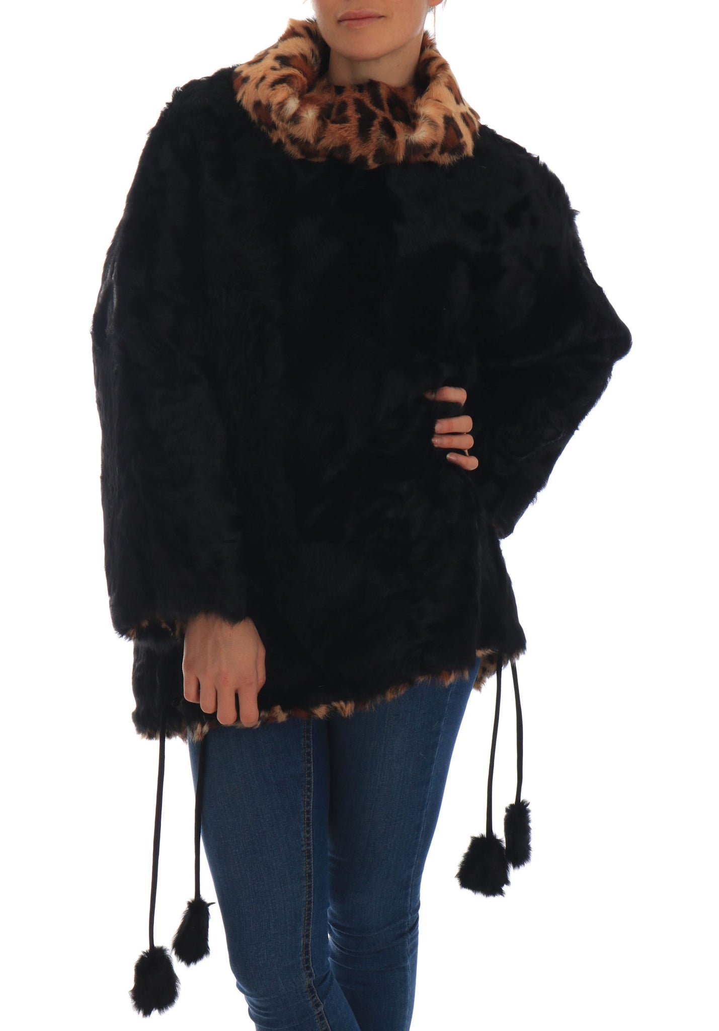 Black Lamb Leopard Print Fur Coat Jacket