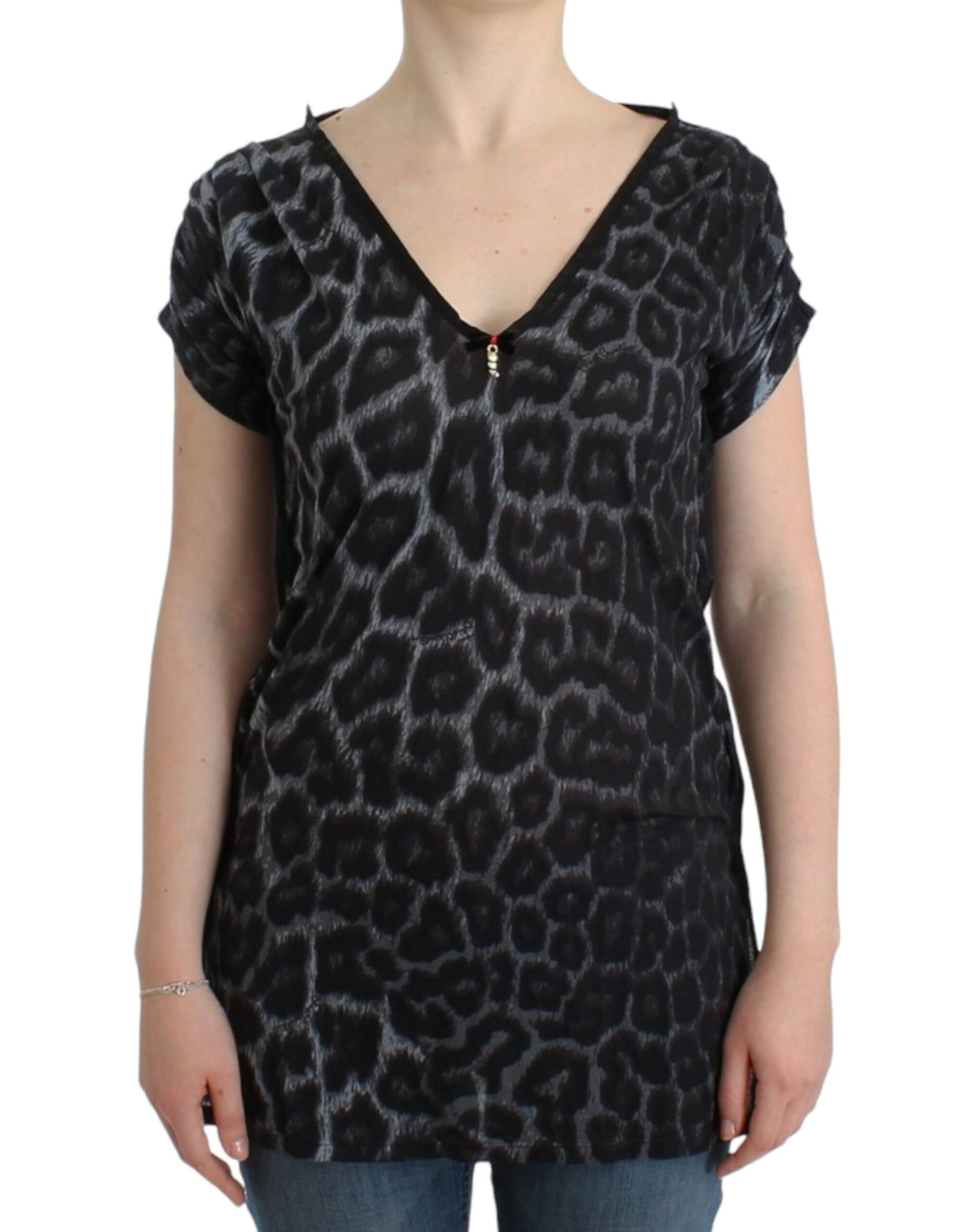 Gray leopard v-neck top