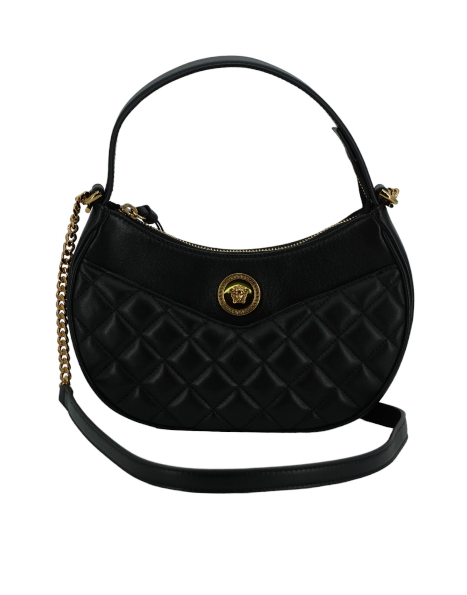 Versace Black Leather Half Moon Shoulder Bag