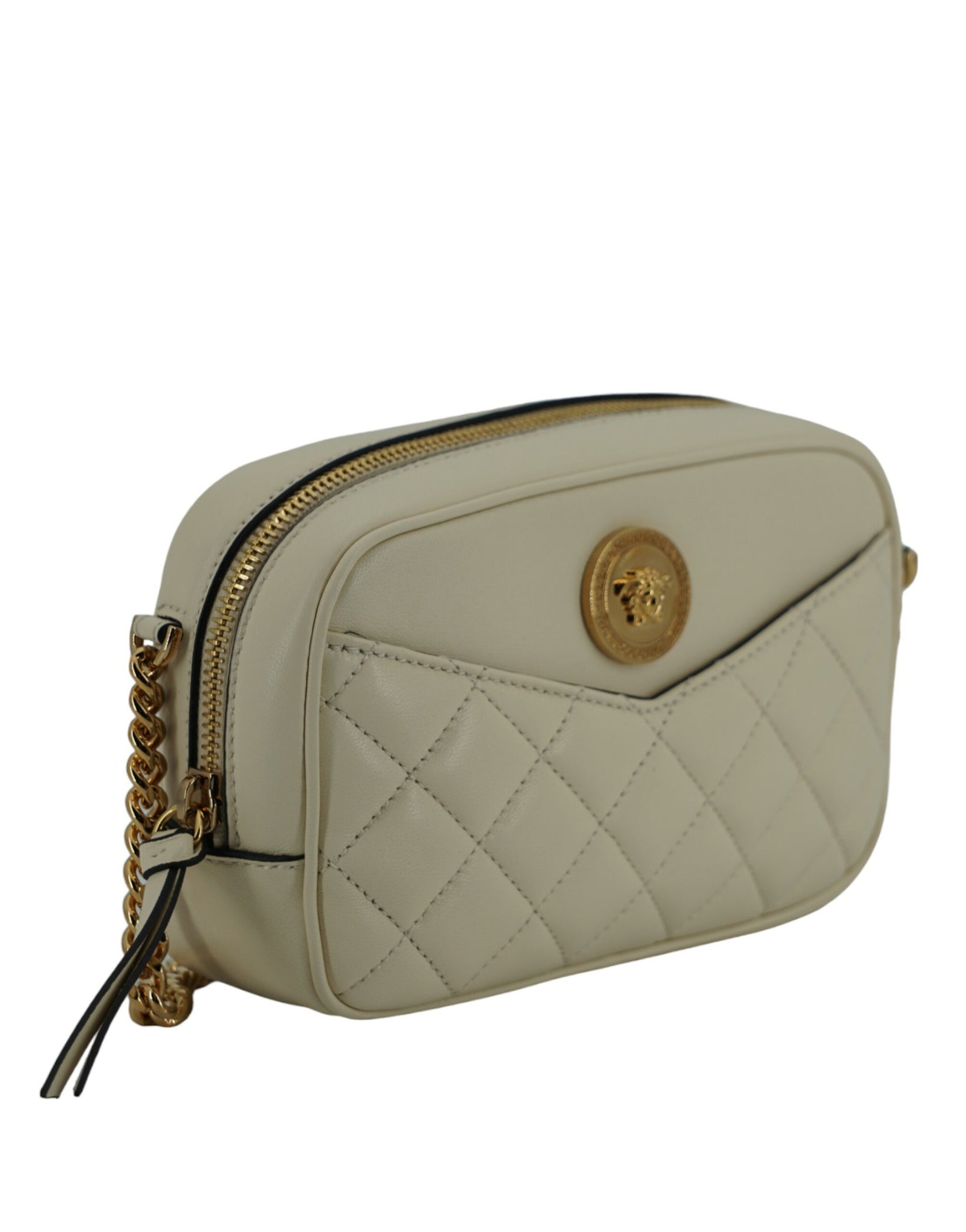 Versace White Lamb Leather Small Camera Crossbody Bag