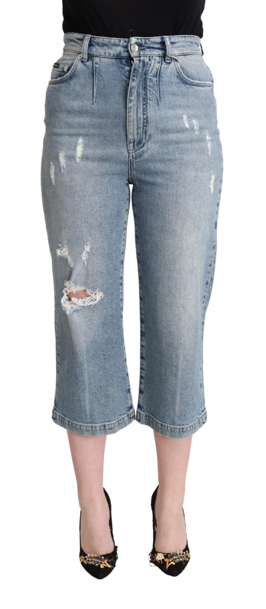 Blue Tattered Cotton Denim Capri Cropped Jeans