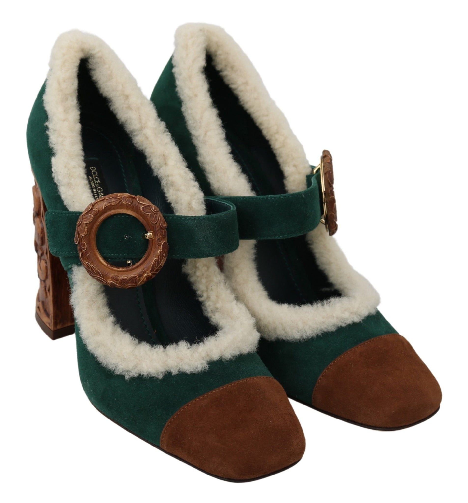 Green Suede Fur Shearling Mary Jane Shoes