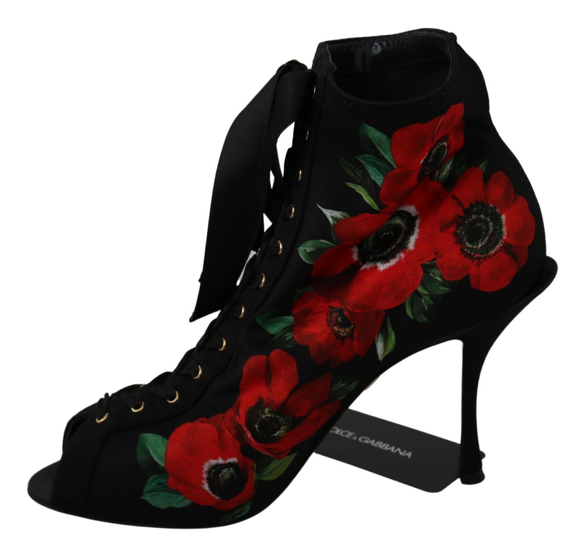 Dolce & Gabbana Black Red Roses Ankle Booties Shoes