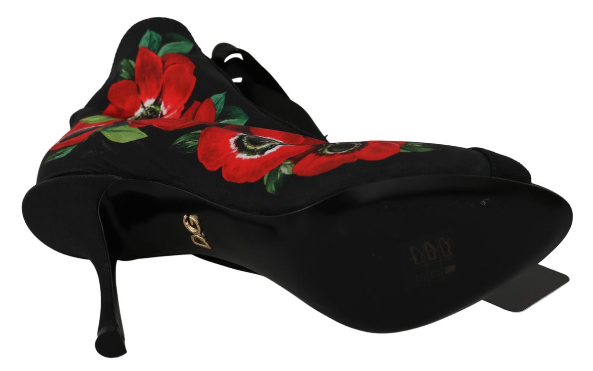 Dolce & Gabbana Black Red Roses Ankle Booties Shoes