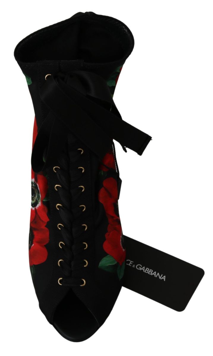 Dolce & Gabbana Black Red Roses Ankle Booties Shoes