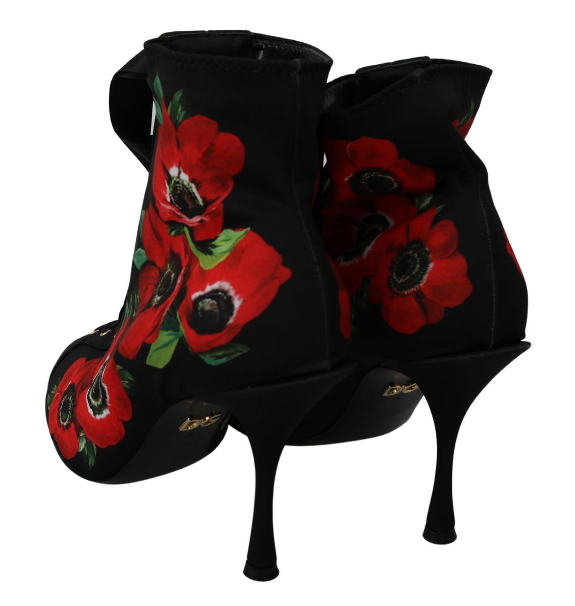 Dolce & Gabbana Black Red Roses Ankle Booties Shoes