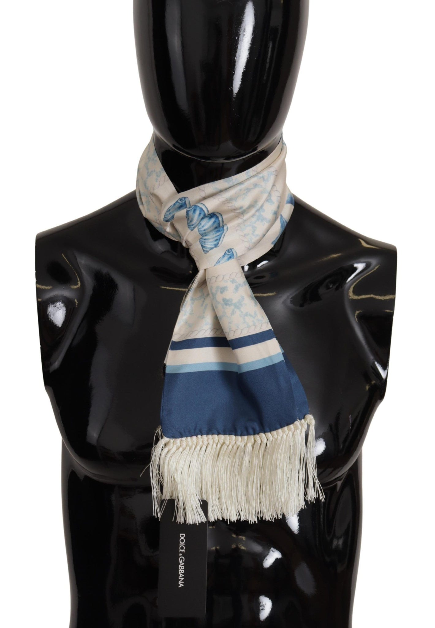 Blue Silk Shell Print White Shawl Fringes Scarf