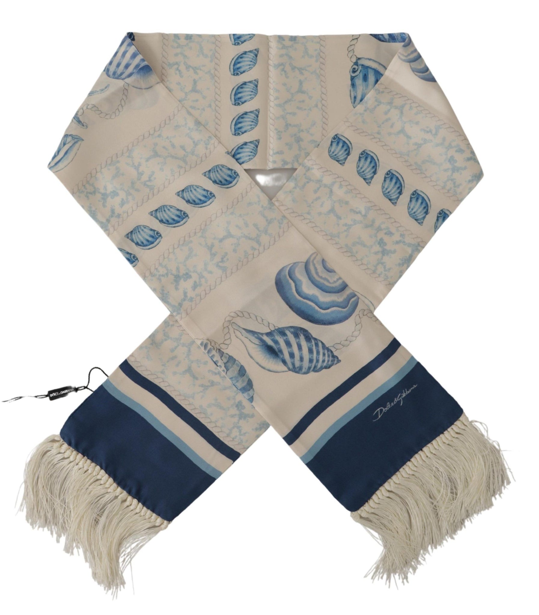 Blue Silk Shell Print White Shawl Fringes Scarf