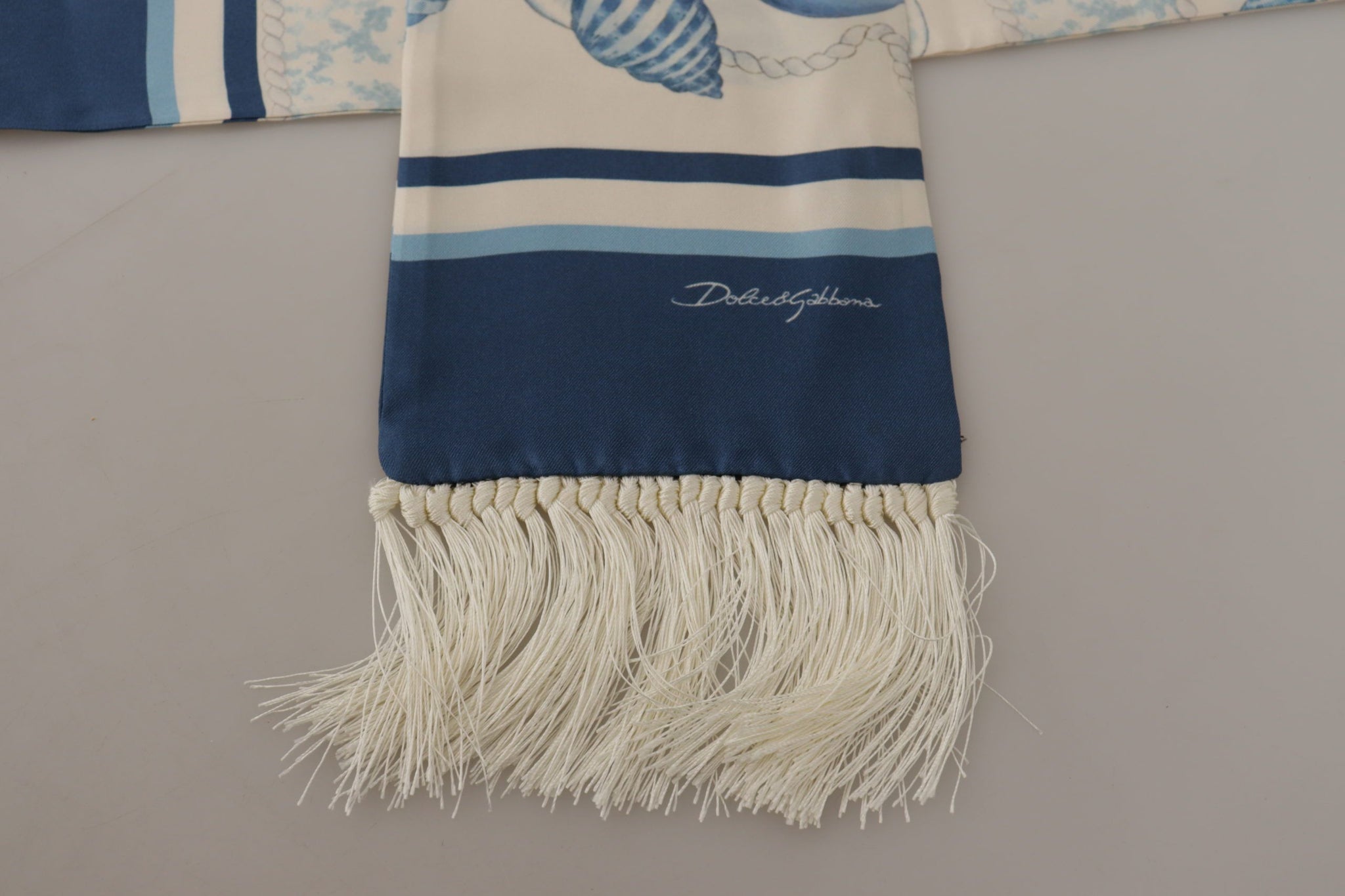 Blue Silk Shell Print White Shawl Fringes Scarf