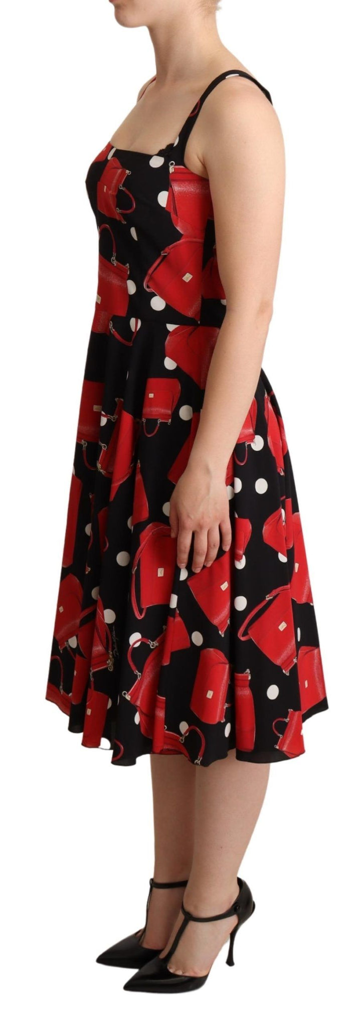 Black Red Bag Print A-line Mid Length Dress