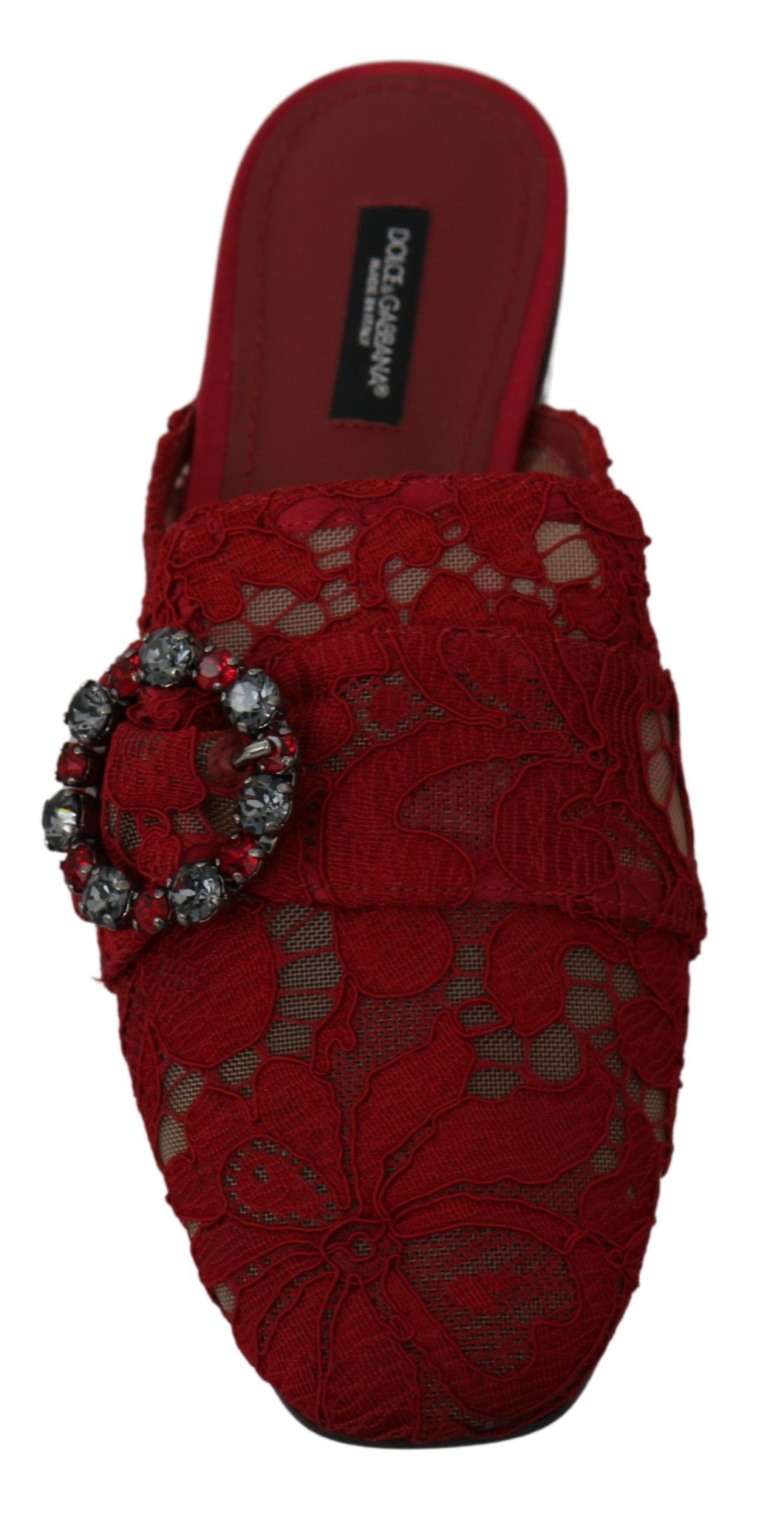 Red Lace Crystal Slide On Flats Shoes