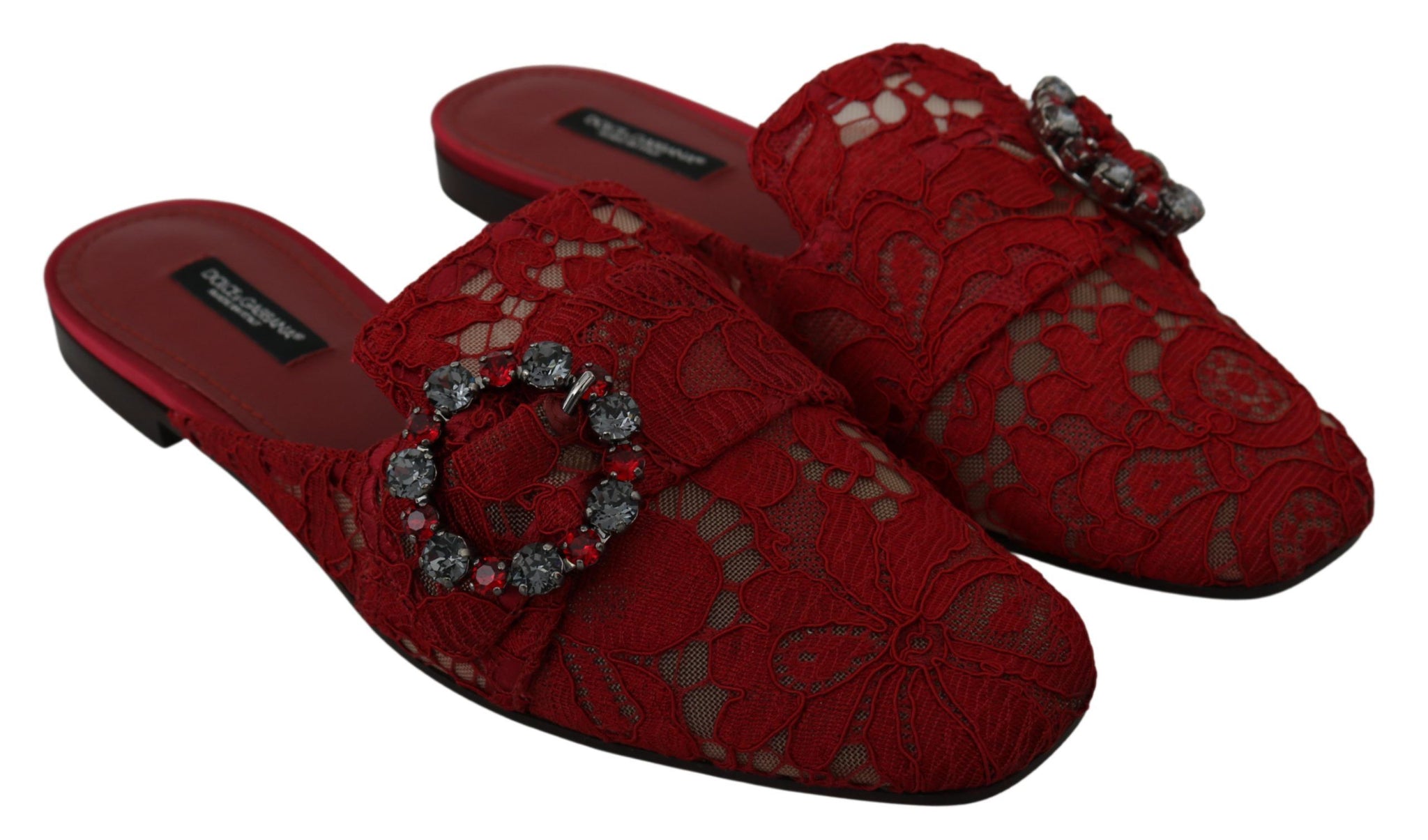 Red Lace Crystal Slide On Flats Shoes