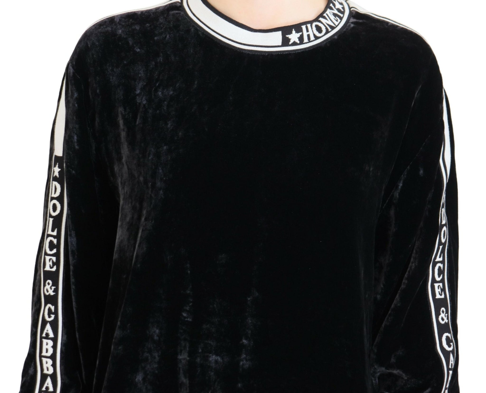 Dolce & Gabbana Black Velvet Crewneck Pullover Sweater