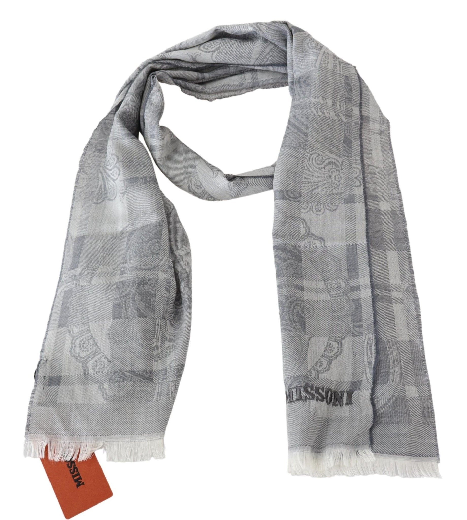 Gray Floral Wool Unisex Neck Wrap Fringes Scarf