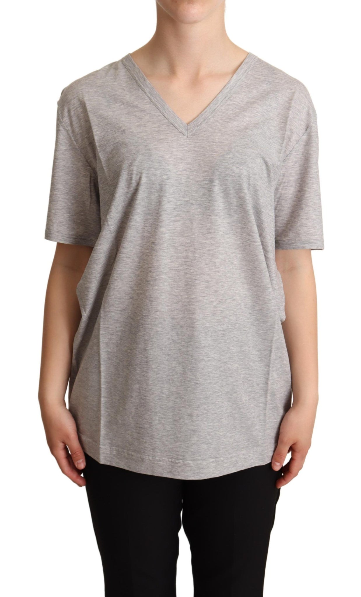 Gray Solid 100% Cotton V-neck Top T-shirt