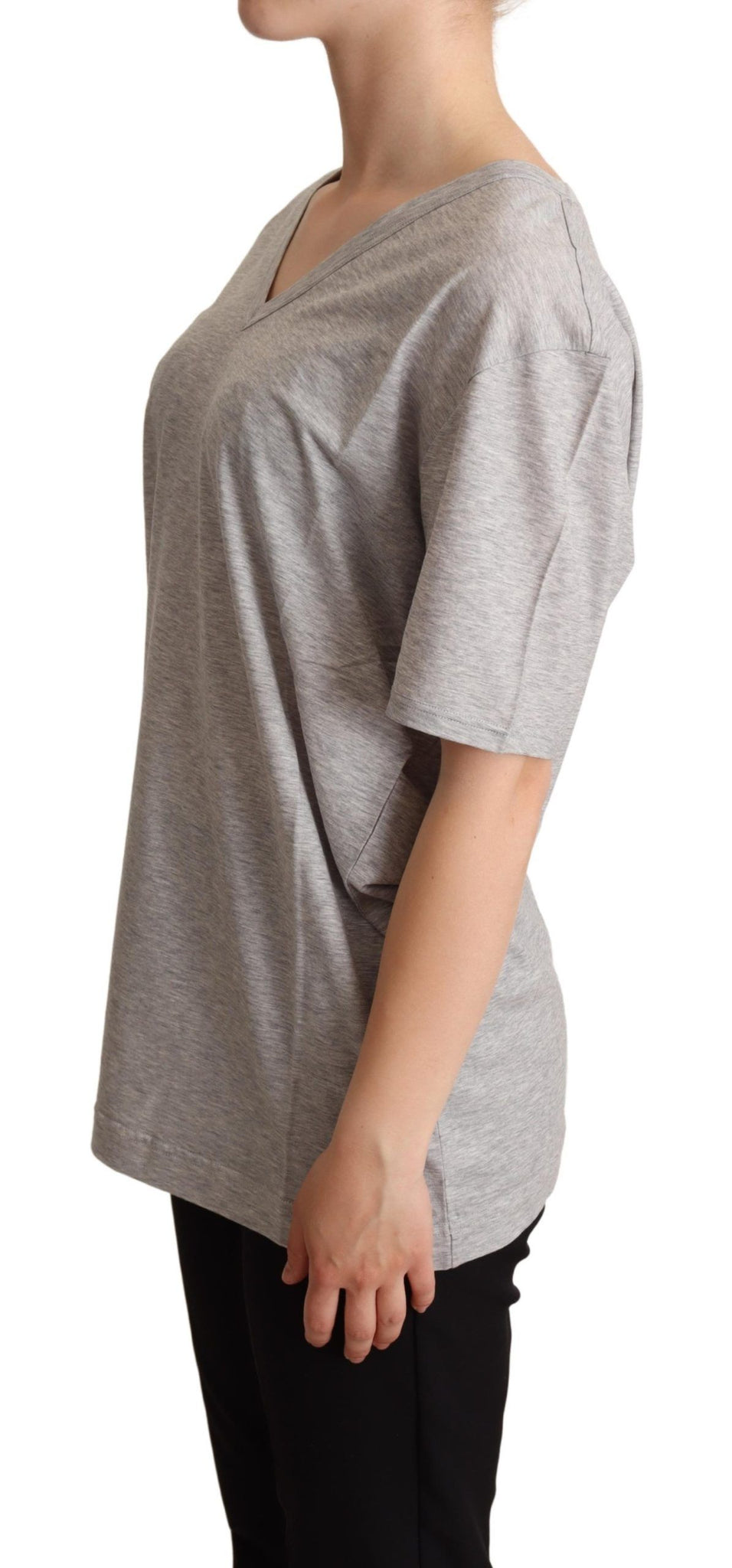 Gray Solid 100% Cotton V-neck Top T-shirt