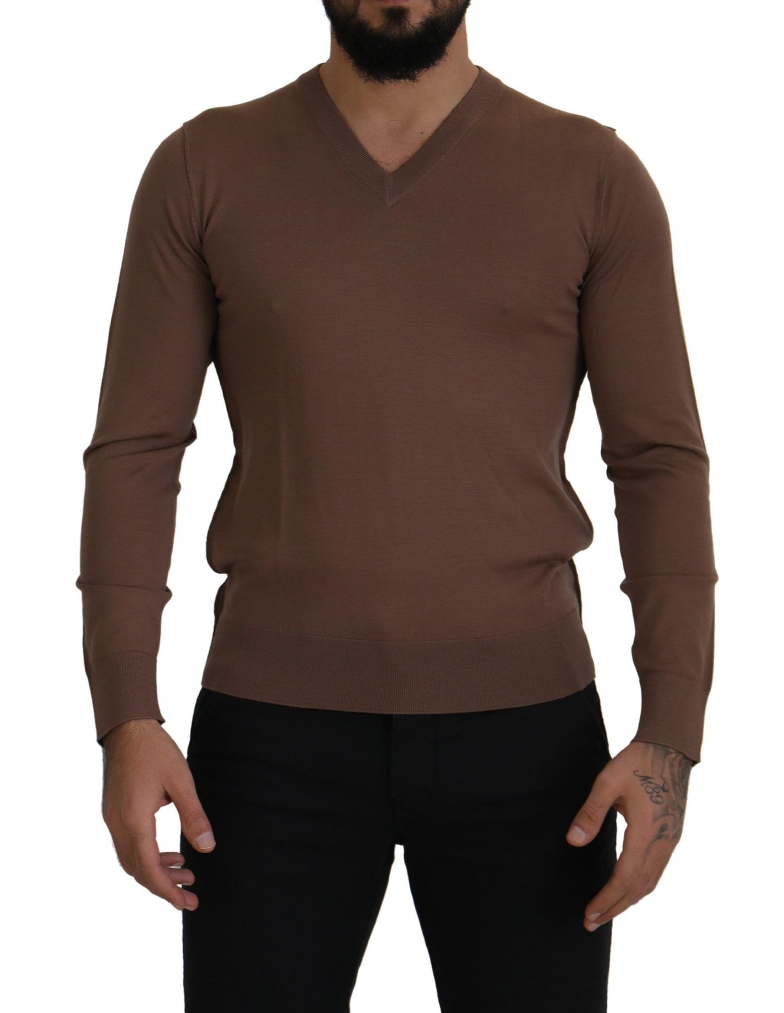 Brown Wool Men V-neck Pullover Sweater