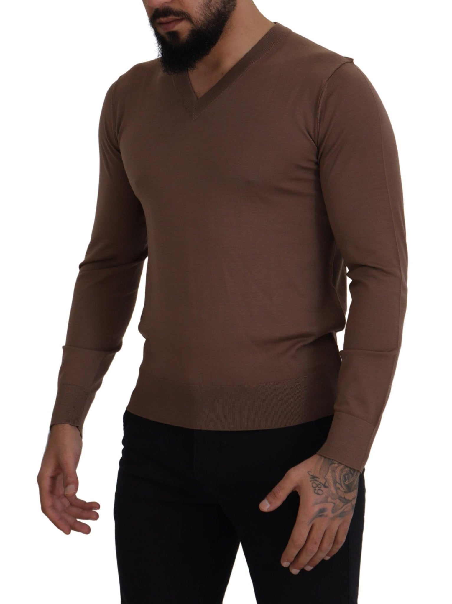 Brown Wool Men V-neck Pullover Sweater